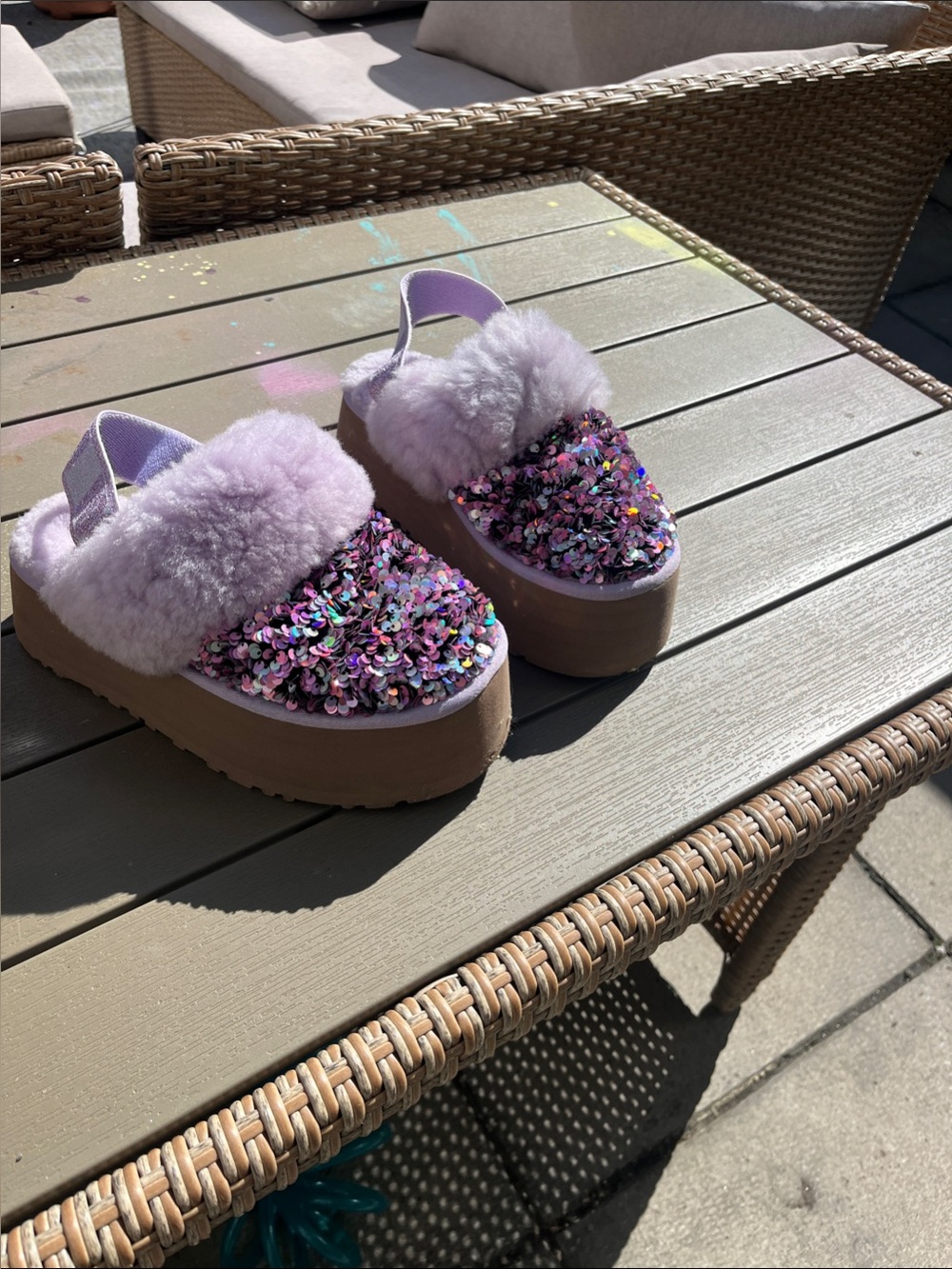UGG Lavender Sequin Faux-Fur Platform sling back!!!
